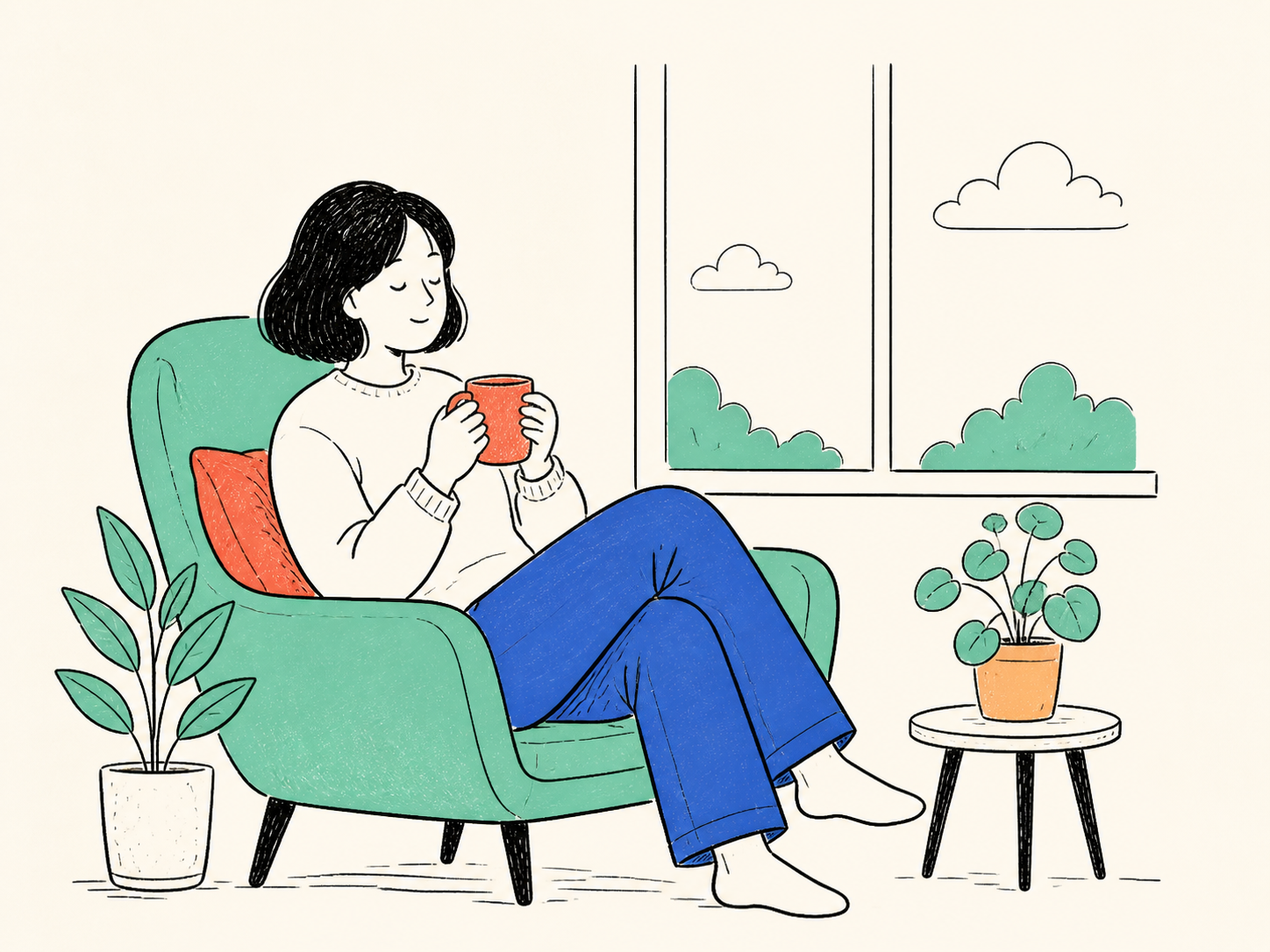 A person relaxing by a window with a warm drink
